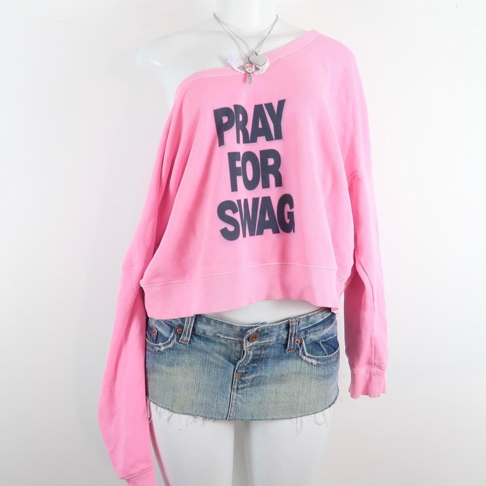 y2k pink pray for swag sweatshirt | 2000s cropped| oversized slouchy sweatshirt